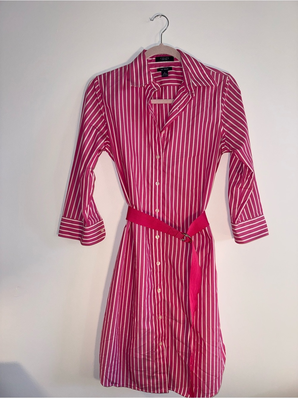 Chaps Hot Pink and White Striped Shirt Dress with Belt